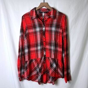Kensie Women Peplum High-Low Plaid Button Up Shirt Size L Pink Orange Country